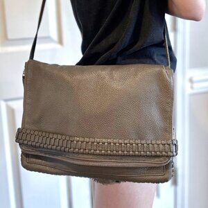 AllSaints Club Large Crossbody Bag Gray Pebbled Leather Whipstitch Detail